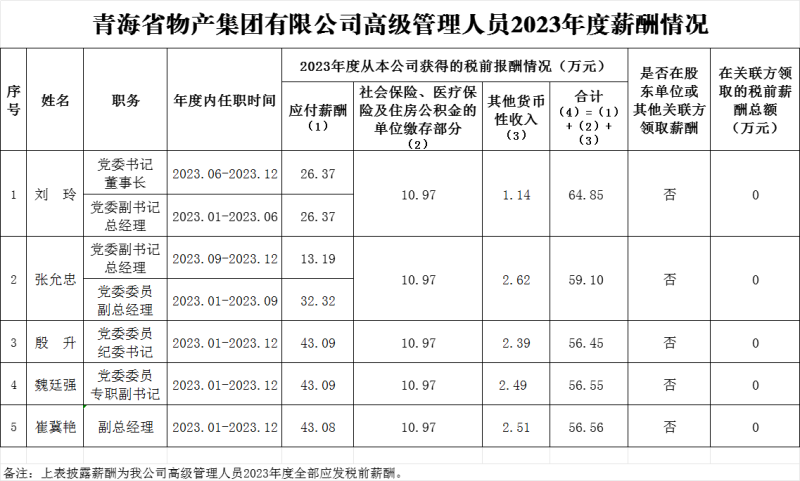 2023年度集团高级治理人员薪酬信息披露