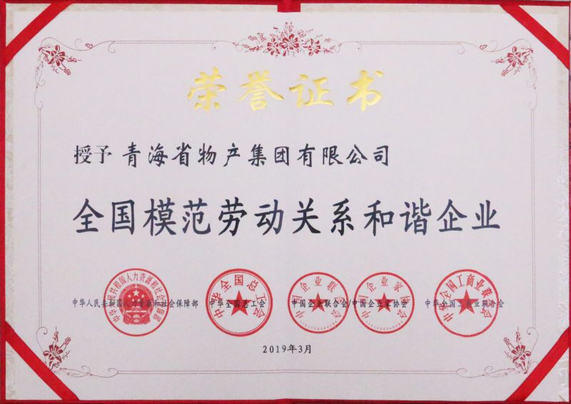 2019年全国圭表劳动关系和谐企业证书